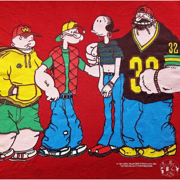 Vtg Popeye Shirt 90s Hip Hop Streetwear Y2K Red Size XL Graphic Tee 1993 King
